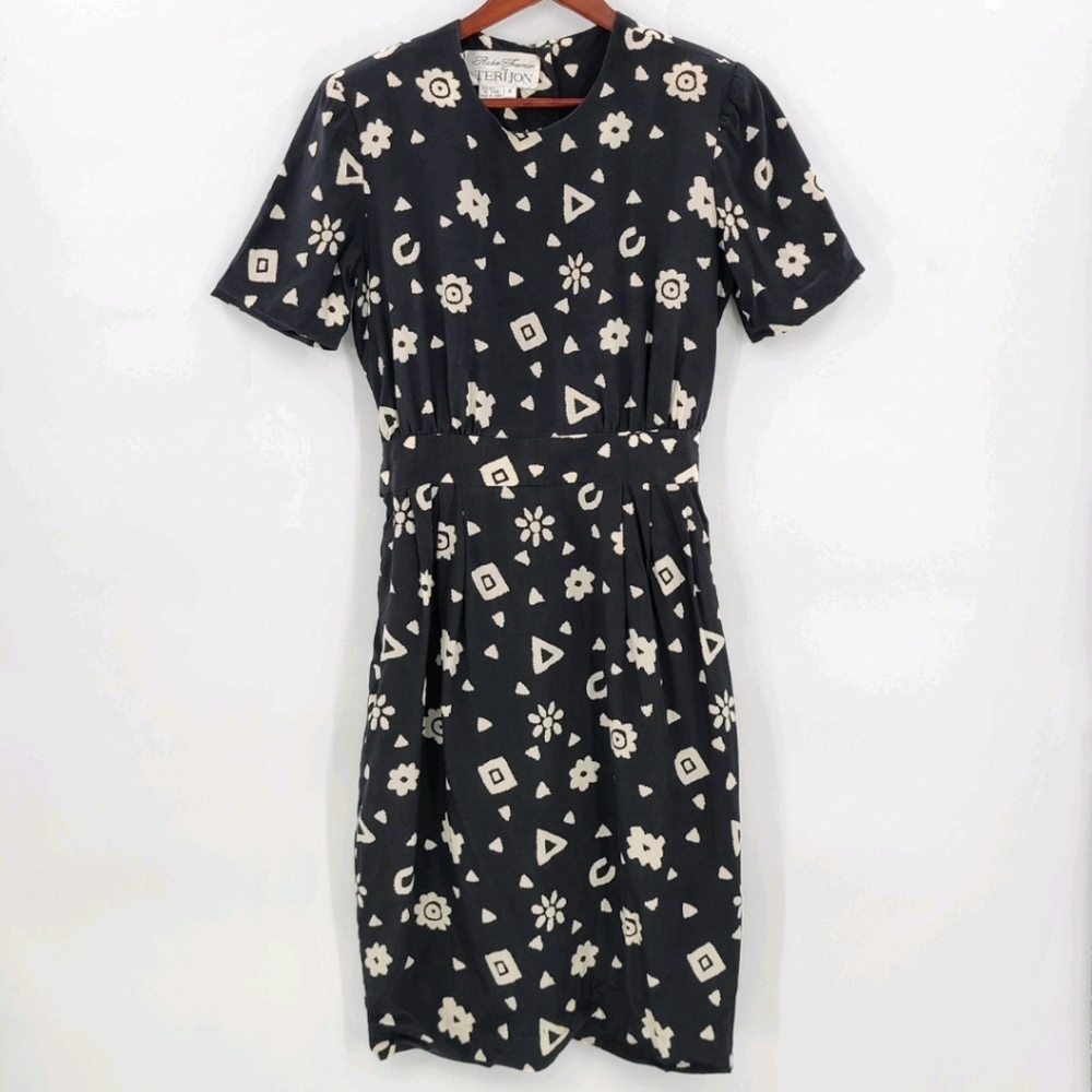 100% Silk Floral & Geometric Print Dress